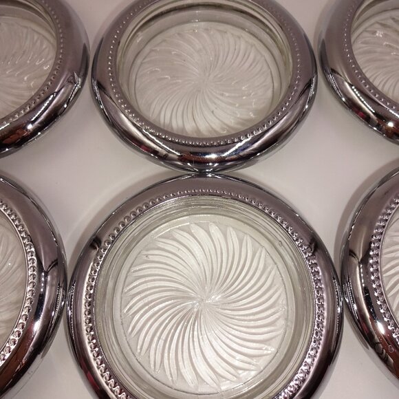 Set of 6 Vintage Park Sherman Clear Glass & Silverplate Swirl Pinwheel Coasters - Picture 3 of 9